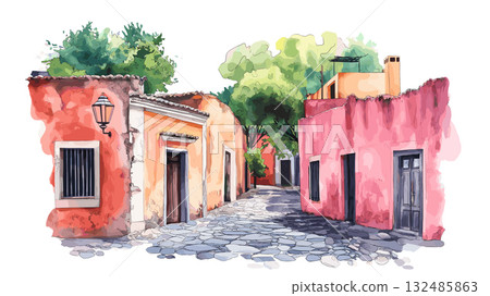 Colonia del Sacramento. Colonia del Sacramento hand drawn watercolor illustration 132485863