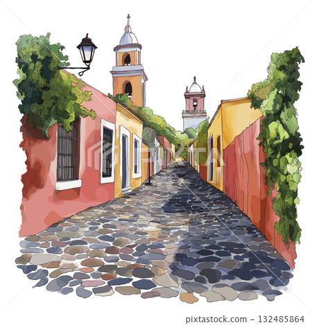 Colonia del Sacramento. Colonia del Sacramento hand drawn watercolor illustration 132485864