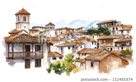 Cuenca Historic Center. Cuenca Historic Center hand drawn watercolor illustration 132485874