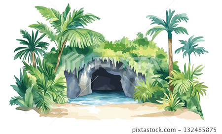 Cueva del Guacharo. Cueva del Guacharo hand drawn watercolor illustration 132485875