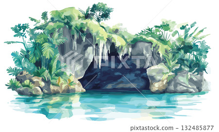 Cueva del Guacharo. Cueva del Guacharo hand drawn watercolor illustration 132485877