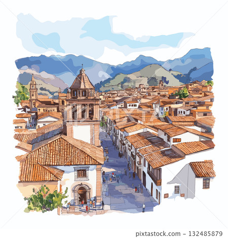Cusco Historic Center. Cusco Historic Center hand drawn watercolor illustration Cusco Historic Center. Cusco Historic Center hand drawn watercolor illustration 132485879