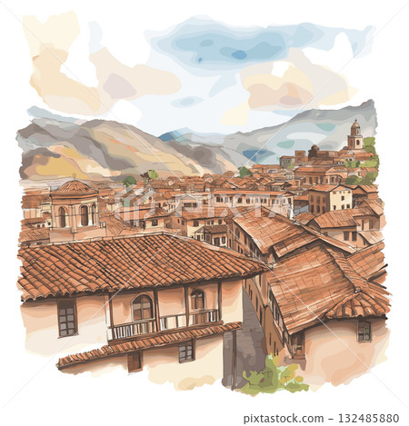 Cusco Historic Center. Cusco Historic Center hand drawn watercolor illustration Cusco Historic Center. Cusco Historic Center hand drawn watercolor illustration 132485880