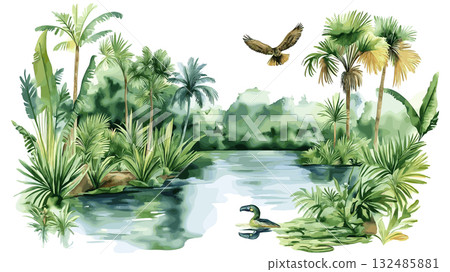 Cuyabeno Wildlife Reserve. Cuyabeno Wildlife Reserve hand drawn watercolor illustration Cuyabeno Wildlife Reserve. Cuyabeno Wildlife Reserve hand drawn watercolor illustration 132485881
