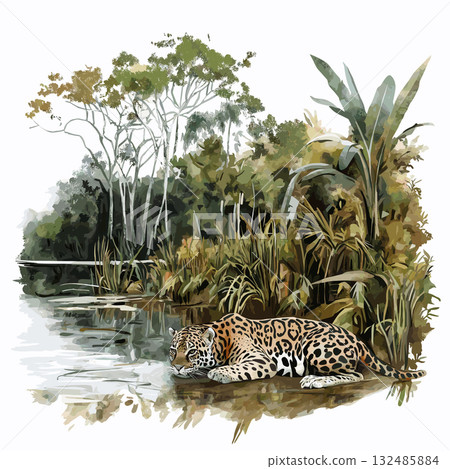 Cuyabeno Wildlife Reserve. Cuyabeno Wildlife Reserve hand drawn watercolor illustration 132485884