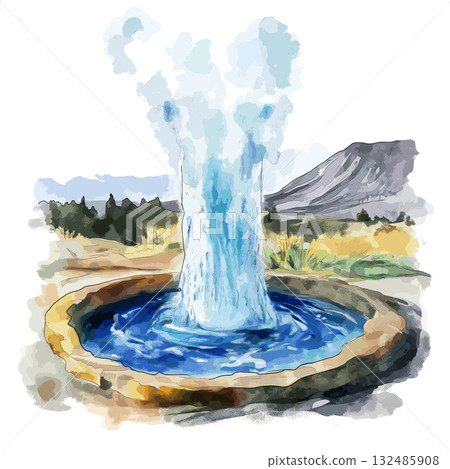 El Tatio Geysers. El Tatio Geysers hand drawn watercolor illustration 132485908