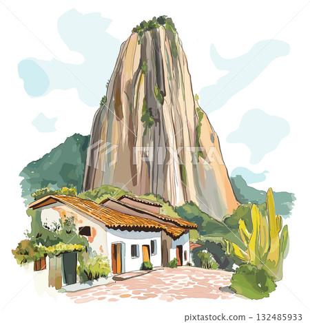 Guatape and El Penol Rock. Guatape and El Penol Rock hand drawn watercolor illustration 132485933