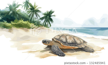 Hattes Beach - Turtle nesting. Hattes Beach - Turtle nesting hand drawn watercolor illustration 132485941