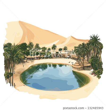 Huacachina Oasis. Huacachina Oasis hand drawn watercolor illustration 132485943