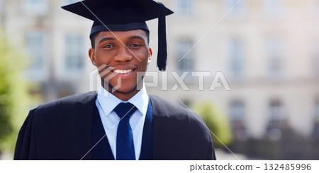 Young black man celebrating graduation success at university 132485996