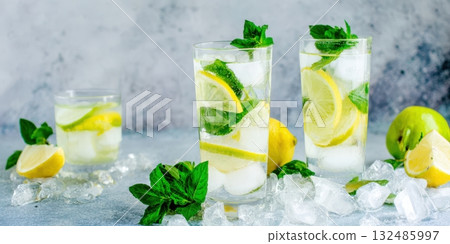Refreshing lemonade drinks with lemon lime and mint Refreshing lemonade drinks with lemon lime and mint 132485997
