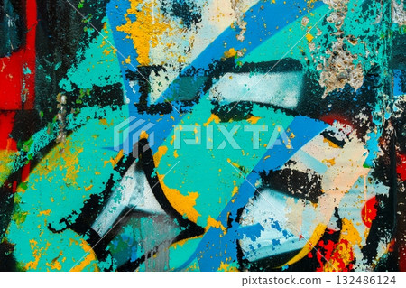 Vibrant Graffiti Texture in Bold Teal, Yellow, Red for Urban 90s, Street Art Design Vibrant Graffiti Texture in Bold Teal, Yellow, Red for Urban 90s, Street Art Design 132486124