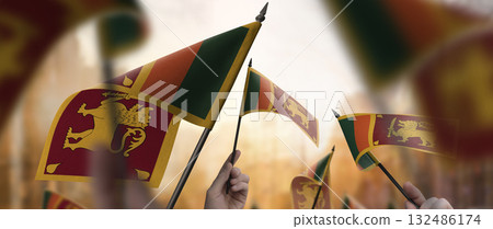 Sri Lanka flags in their hands on a blurred urban background Sri Lanka flags in their hands on a blurred urban background 132486174