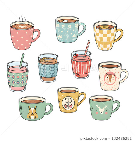 Collection of different modern cups decorated with design elements. Set of colored mugs filling by beverages isolated. Illustration design. Collection of different modern cups decorated with design elements. Set of colored mugs filling by beverages isolated. Illustration design. 132486291