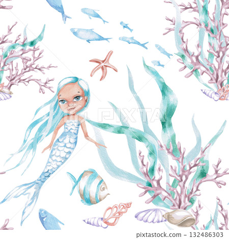 A seamless pattern featuring a mermaid in an underwater world. Watercolor illustration in a childish style for designing children's rooms, pools, play areas, and for printing on clothing. A seamless pattern featuring a mermaid in an underwater world. Watercolor illustration in a childish style for designing children's rooms, pools, play areas, and for printing on clothing. 132486303