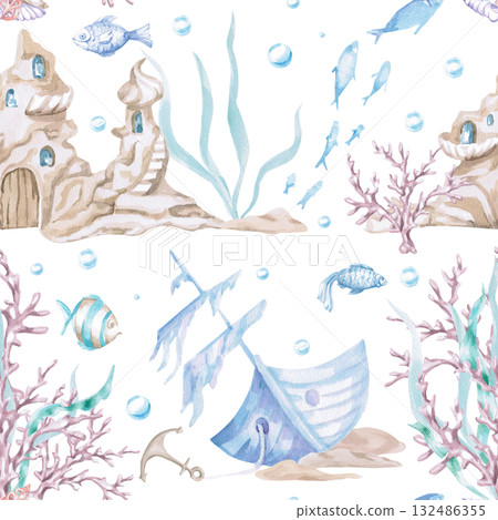 A seamless pattern featuring a fairytale underwater castle and ship. Watercolor illustration in a childish style for designing children's rooms, pools, play areas, and for printing on clothing. A seamless pattern featuring a fairytale underwater castle and ship. Watercolor illustration in a childish style for designing children's rooms, pools, play areas, and for printing on clothing. 132486355