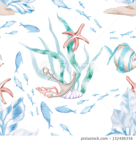 A seamless pattern featuring stylized sea creatures. Watercolor illustrations in a childish style for the design of children's rooms, pools, play areas, and for printing on clothing, fabric. 132486356