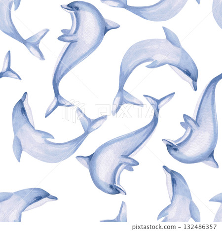 A seamless pattern with stylized dolphins. Watercolor illustration in a children's style for the design of children's rooms, pools, play areas, and for printing on clothing, fabric, and packaging. 132486357