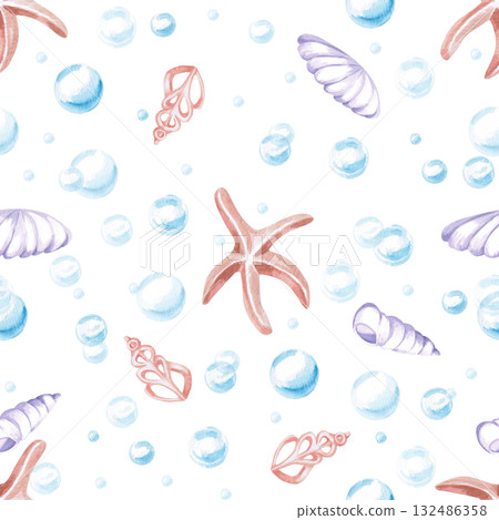 A seamless pattern with stylized shells, starfish, and bubbles. Watercolor illustration in a childish style for designing children's rooms, pools, play areas, and printing on clothing, fabric. 132486358