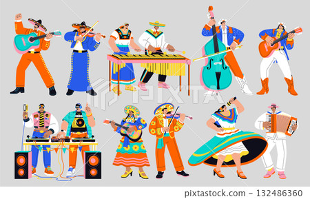Collection of traditional Latin musicians playing instruments in hand-drawn flat cartoon style Collection of traditional Latin musicians playing instruments in hand-drawn flat cartoon style 132486360