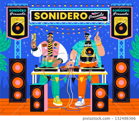 DJ music show with turntables and sound system in hand-drawn flat cartoon style 132486366