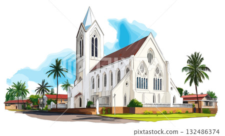 Georgetown St. Georges Cathedral. Georgetown St. Georges Cathedral hand drawn watercolor illustration Georgetown St. Georges Cathedral. Georgetown St. Georges Cathedral hand drawn watercolor illustration 132486374