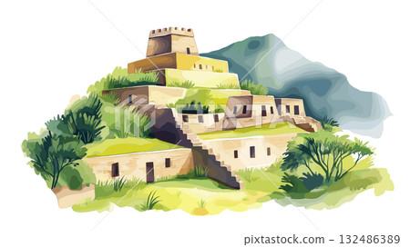 Choquequirao. Choquequirao hand drawn watercolor illustration Choquequirao. Choquequirao hand drawn watercolor illustration 132486389