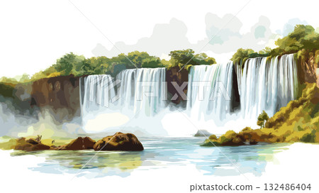 Iguazu Falls. Iguazu Falls hand drawn watercolor illustration 132486404