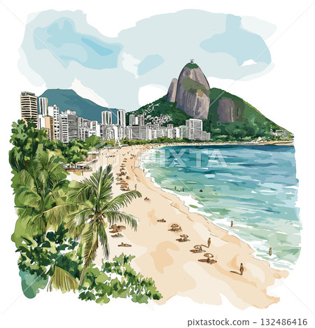 Ipanema Beach. Ipanema Beach hand drawn watercolor illustration 132486416