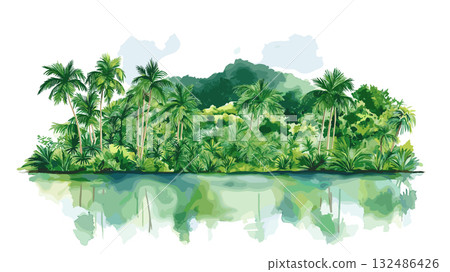 Iwokrama Rainforest. Iwokrama Rainforest hand drawn watercolor illustration 132486426