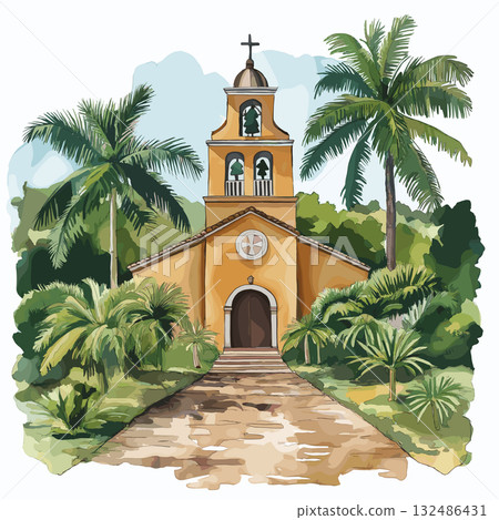 Jesuit Missions Route. Jesuit Missions Route hand drawn watercolor illustration Jesuit Missions Route. Jesuit Missions Route hand drawn watercolor illustration 132486431