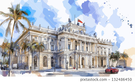 La Moneda Palace. La Moneda Palace hand drawn watercolor illustration La Moneda Palace. La Moneda Palace hand drawn watercolor illustration 132486450
