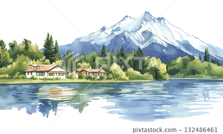 Lake District - Villarrica. Lake District - Villarrica hand drawn watercolor illustration Lake District - Villarrica. Lake District - Villarrica hand drawn watercolor illustration 132486461