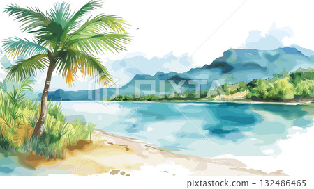Lake Maracaibo. Lake Maracaibo hand drawn watercolor illustration 132486465