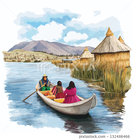 Lake Titicaca. Lake Titicaca hand drawn watercolor illustration 132486466