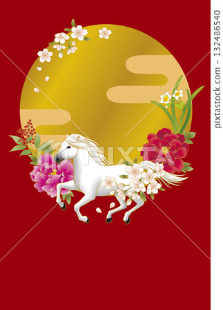 馬年新年賀卡材料紅色背景白馬 馬年新年賀卡材料紅色背景白馬 132486540