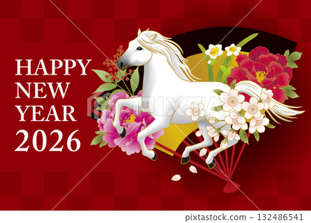 新年卡上有白馬、牡丹、櫻花、水仙、南天竹和扇子 新年卡上有白馬、牡丹、櫻花、水仙、南天竹和扇子 132486541