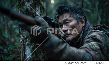 一位經驗豐富的獵人從樹後瞄準步槍 132486566