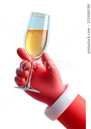 Festive 3d cartoon santa's hand holding champagne flute with bubbles, isolated on transparent background for christmas, new year and celebration concepts Festive 3d cartoon santa's hand holding champagne flute with bubbles, isolated on transparent background for christmas, new year and celebration concepts 132486596