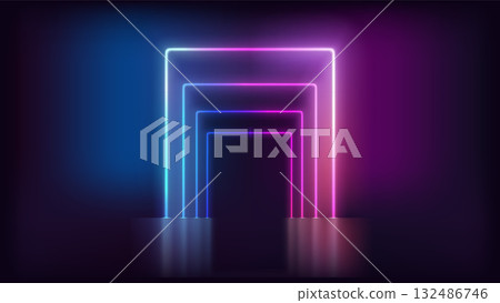 Blue and red neon glowing gates on dark background. Template for design 132486746