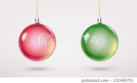 Two christmas baubles on rope. Red and green. 3d vector illustration 132486751