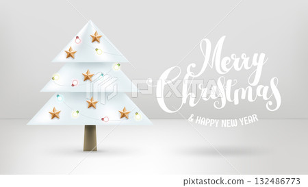 Merry Christmas and happy new year card. Vector 3d illustration with lettering logo Merry Christmas and happy new year card. Vector 3d illustration with lettering logo 132486773