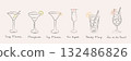 Set of six classic cocktails drawn in retro doodle style. Martini, margarita, kir royale, bloody mary and sex on the beach. Minimal hand-drawn bar drink illustration. Vector illustration. 132486826