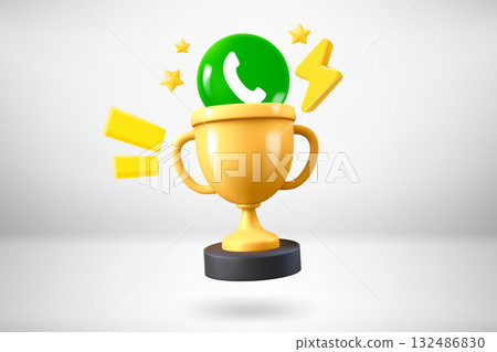 Golden cup with telephone call icon. 3d vector illustration 132486830