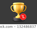 Gold trophy with red label. Discount concept. 3d vector icon 132486837