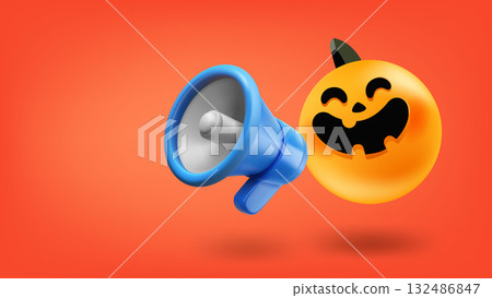 Laughing pumpkin with Loudspeaker. 3d vector illustration 132486847