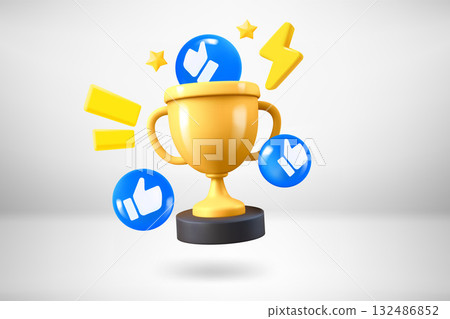 Golden cup with thumbs icons. 3d vector illustration Golden cup with thumbs icons. 3d vector illustration 132486852