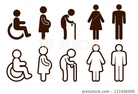 Icons and Symbols for Restrooms Toilet for Men  Women the Elderly and the Disabled Cartoon Silhouette and Outline Graphic Vector 132486980