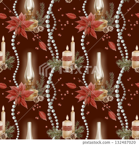 Christmas seamless pattern-vintage glow lamp with red poinsettia with sprig of spruce,fir cones and berries,candles with flame,red openwork lace ribbon,pearl beads.Watercolor hand drawn illustration Christmas seamless pattern-vintage glow lamp with red poinsettia with sprig of spruce,fir cones and berries,candles with flame,red openwork lace ribbon,pearl beads.Watercolor hand drawn illustration 132487020