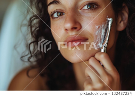 Woman gently shaving her face while applying cream in a bright, airy bathroom. Dermaplaning procedure. Generative AI 132487224